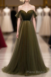 Simple Sweetheart Tulle Off Shoulder Long Formal Prom Dresses, Tulle Prom Dresses