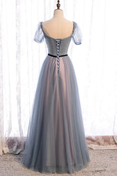 Gray Blue Tulle Long A-Line Prom Dress, Cute Short Sleeve Evening Dress