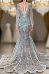 Mermaid Formal Prom Dress with Deep V-Neck Long Sleeves Beadings