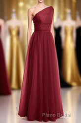 Wine Red Tulle One-Shoulder A-Line Bridesmaid Dresses