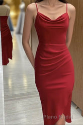 Red Cowl Neck Spaghetti Straps Bodycon Prom Dresses