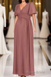 Brown V-Neck High-Waist Long Maternity Bridesmaid Dresses