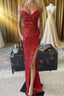 Red Sequin Cowl Neck Lace-Up Back High-Low Formal Prom Dresses
