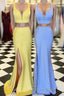 Two Piece Yellow-Blue Mermaid Long Formal Prom Dresses with Side Slit