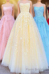 Princess Straps Long Formal Prom Dresses with Lace Appliques