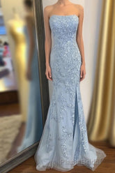 Strapless Light Blue Lace Long Formal Prom Dresses with Slit
