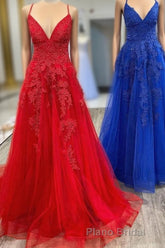 Elegant V Neck A-Line Red Appliqued Long Formal Prom Dresses