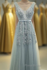 A-line Tulle Grey Long Formal Prom Dresses