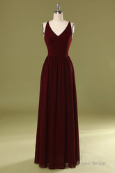Sheath V Neck Burgundy Bridesmaid Dress with Lace Back