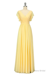Elegant V Neck Pleated Yellow Bridesmaid Dress with Ruffles