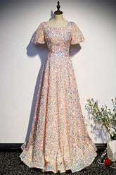 A-Line Sequined Pink Long Prom Dress