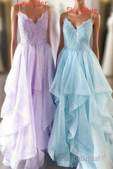 Elegant Light Blue Ruffled Tulle Formal Prom Dresses