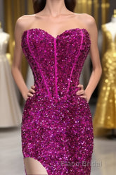 Fuchsia Sequin Strapless Mermaid Long Formal Prom Dresses with Slit