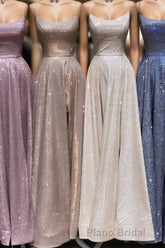 A-Line Sparkle Split Backless Evening Dresses  Long Formal Prom Dresses With Pocket