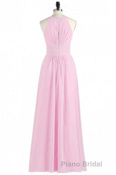 Pink Chiffon Halter Sleeveless A-Line Long Bridesmaid Dresses