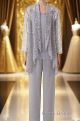 Three-Piece Grey Lace Mother of the Bride Pant Suits
