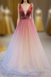 A-Line Burgundy V Neck Tulle Sequin Long Formal Prom Dresses Burgundy Evening Dresses
