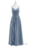 Dusty Blue Chiffon Halter Backless Ruffled Long Bridesmaid Dresses