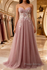 A-Line Sweetheart Neckline Long Formal Prom Dresses With Appliques