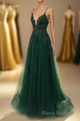 A-Line Tulle Spaghetti Straps Appliques Long Formal Prom Dresses with Alit