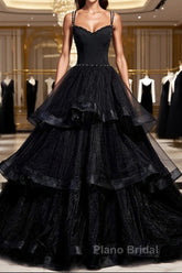Black Tulle Open Back V Neck Beaded Layered Long Formal Prom Dresses