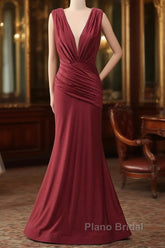Burgundy Mermaid V-Neck Long Glitter Formal Prom Dresses With Pleating