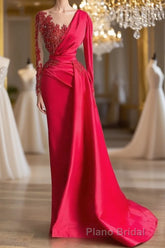 Gorgeous Red Long Sleeve Mermaid Evening Dresses Lace Appliques Formal Prom Gown Ruffles