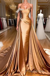 Chic One Shoulder Beaded Mermaid Formal Prom Dresses With Court Train