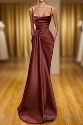 Burgundy Spaghetti-Straps Mermaid Ruffles Formal Prom Dresses Long