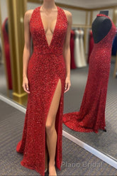 Simply Red Sequin Mermaid Long Formal Prom Dresses with Slit