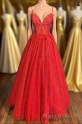 Sraps A-line Red Shiny Tulle Formal Prom Gown