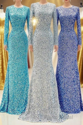Modest Long Sleeves Sequins Mermaid Prom Dresses