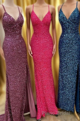 Sparkle Mermaid Sequin Long Formal Prom Dresses with Slit