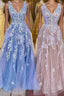 A-line Appliques Tulle Long Prom Dresses