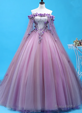 Light Purple Tulle Long Sweet 16 Gown Flowers Quinceanera Prom Dress