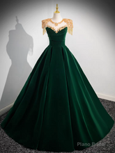 Dark Green Velvet Prom Dress Vintage Gold Beaded Neckline Evening Gown