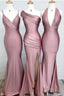 Dusty Rose Mermaid V Neck Split Side Long Evening Gowns Bridesmaid Dresses