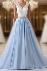 Elegant Long Blue Formal Prom Dresses with White Lace Top | Senior School Prom Dresses