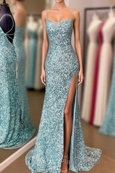 Sparkle Tiffany Blue Sequins Long Formal Prom Dresses with Slit