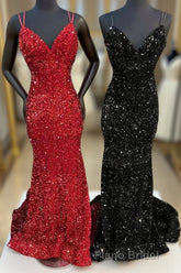 Mermaid Sequine Long Formal Prom Dresses with Double Straps