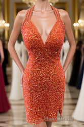 Halter Orange Sequins Bodycon Homecoming Dresses with Tassel