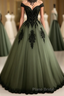 Green A-line Tulle Formal Prom Dress Off The Shoulder Formal Evening Gown