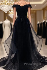 Flowy Tulle Off Shoulders Tulle Black Formal Prom Dresses