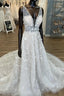 Gorgeous A-Line V-Neck Open Back Chapel Train Wedding Dresses