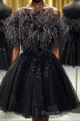 Black A-Line Strapless Homecoming Dresses with Feathers