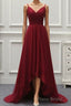 A Line High Low Tulle Formal Prom Dresses with Train, Burgundy V Neck Backless Prom Dresses