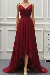 A Line High Low Tulle Formal Prom Dresses with Train, Burgundy V Neck Backless Prom Dresses