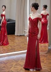 Off-Shoulder Sequin Side-Slit Trumpet Evening Gown