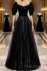 Modest Sparkly Black Long A-line Formal Prom Dresses With Sleeves Evening Gowns