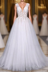 Flowy A-line Long V-neck Lace Tulle Beach Wedding Dresses Bridal Gowns